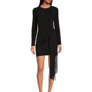 Belle Badgley Mischka Harley Crepe Fringe Crew Neck Long Sleeve Bodycon Dress